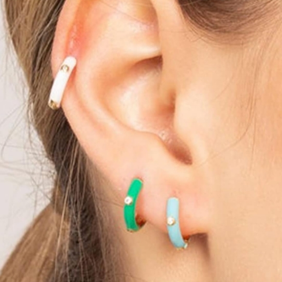 Little Mint Green Gold Hinged Hoops Enamel Hoop Earrings Rhinestone Crystal New - Picture 2 of 7